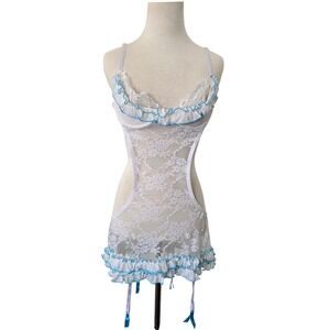 Fredericks of Hollywood Seduction Lace BabyDoll Chemise Blue Trim Garters L